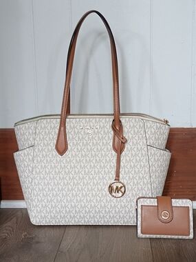 Michael Kors Beige Signature Tote with Brown Trim and Wallet